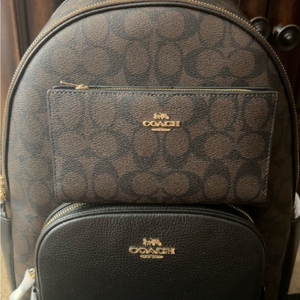 Coach Brown Monogram Backpack with Gold Accents